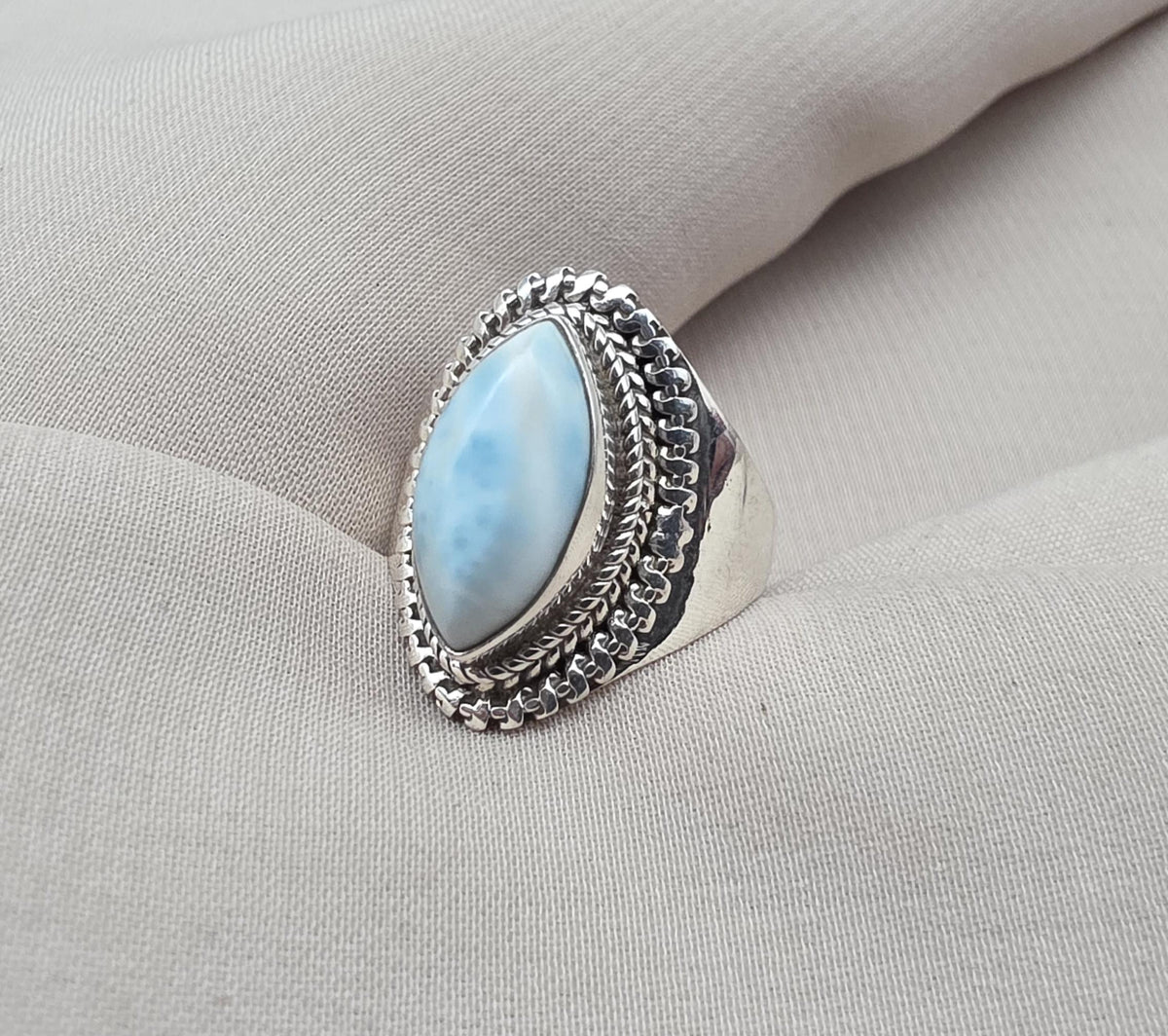 Natural Larimar Ring 925 Sterling Silver Larimar Marquise Cut Gemstone Boho Statement Jewelry