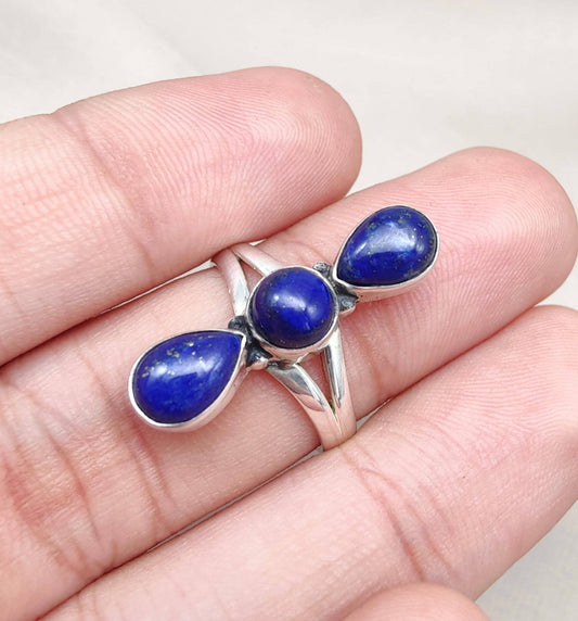 Lapis Lazuli Ring 925 Sterling Silver Triple Stone Boho Jewelry Antique Gift For Her