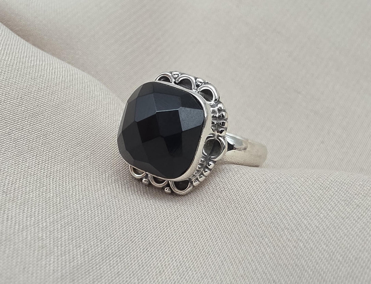 925 Sterling Silver Black Onyx Ring Cushion Cut Natural Gemstone Handmade Vintage Style Gift