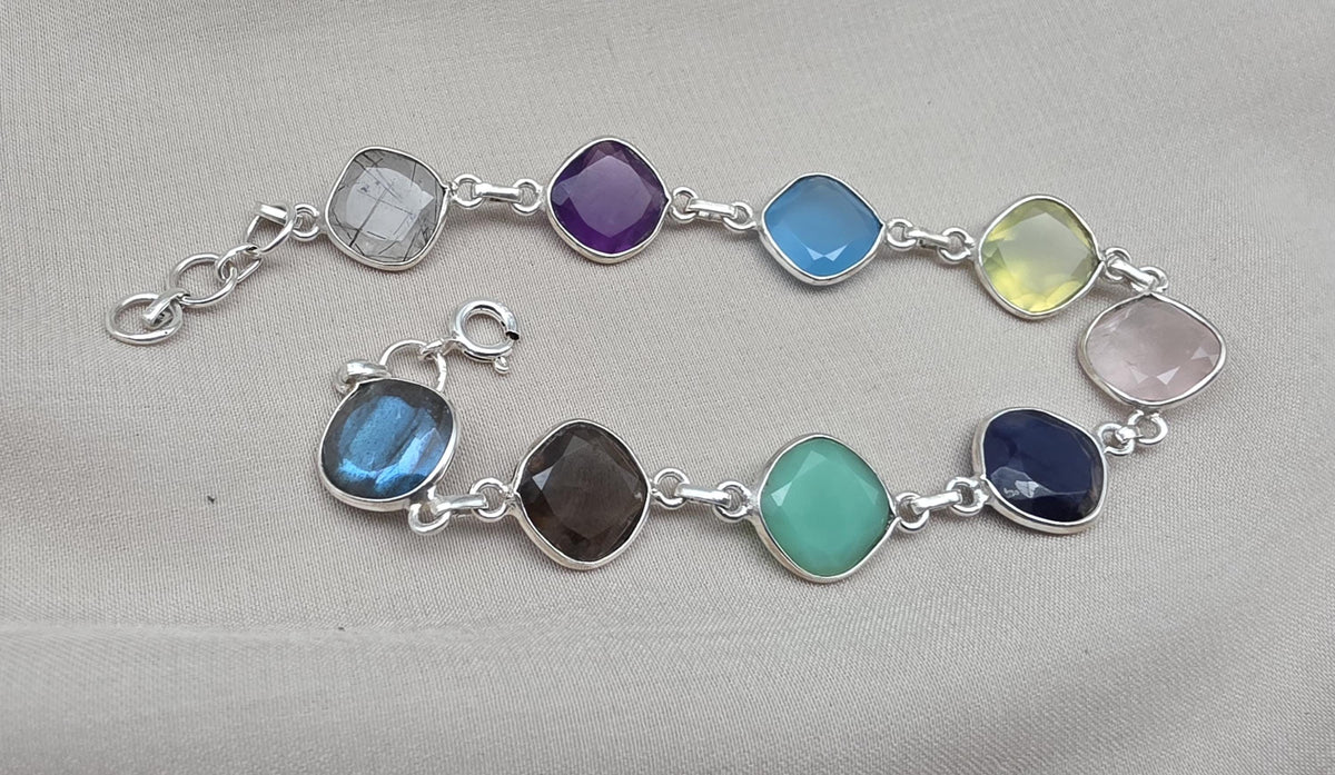 925 Sterling Silver Multi Stone Bracelet Natural Gemstone Cushion Link Jewelry