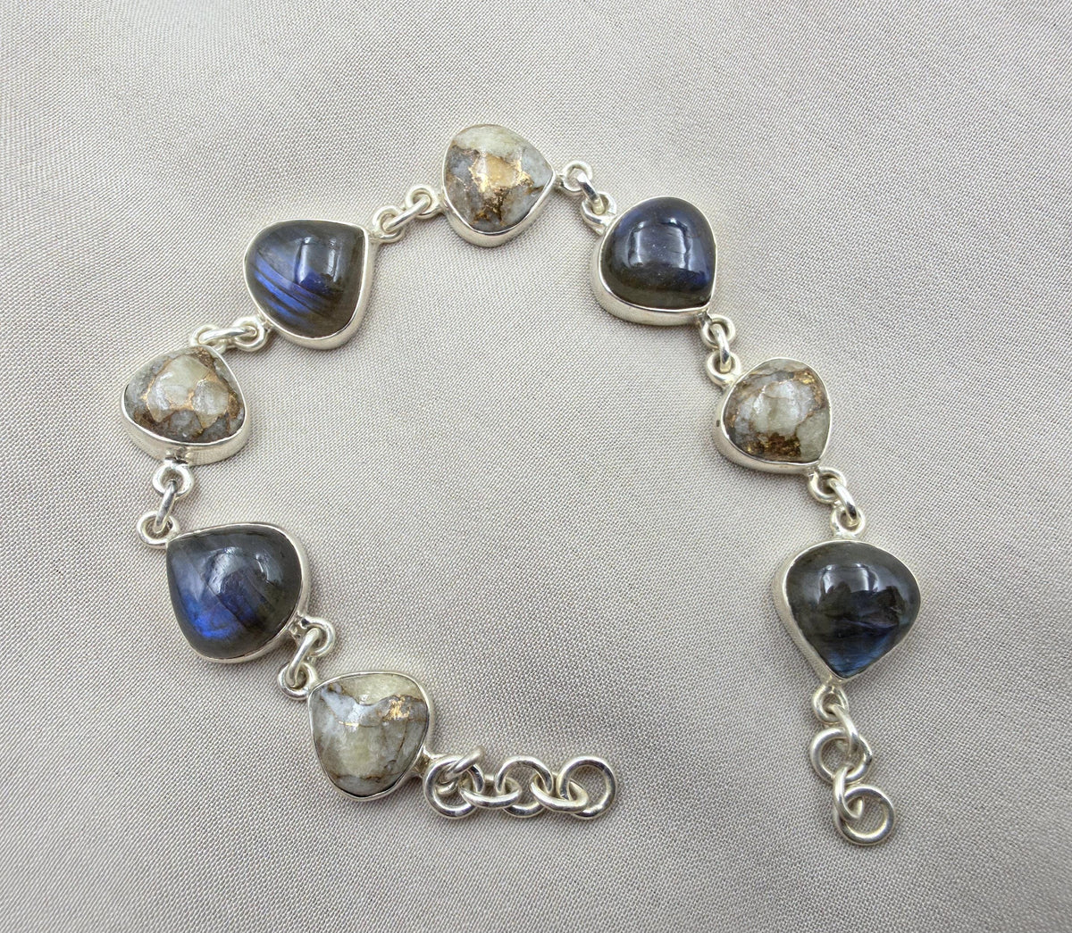 925 Sterling Silver Labradorite & Copper Calcite Bracelet Natural Gemstone Link Bracelet Handmade Boho Jewelry