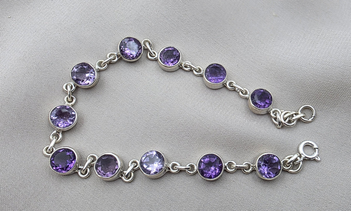 Amethyst 925 Sterling Silver Gemstone Bracelet Natural Purple Gemstone Oval Link Jewelry