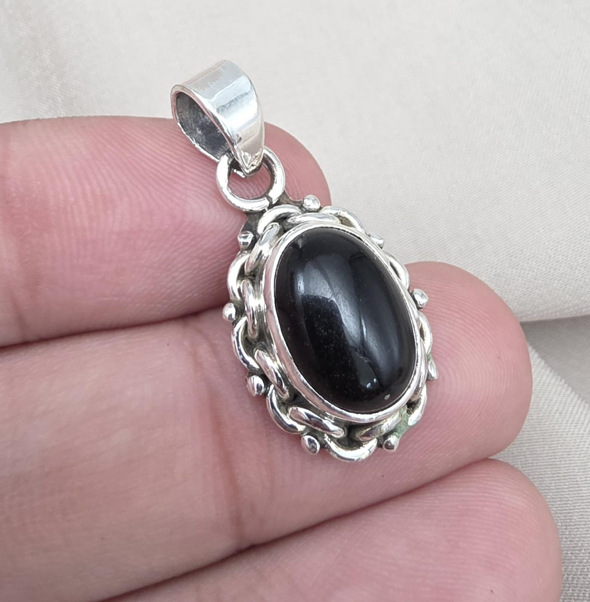Black Onyx 925 Sterling Silver Pendant: Boho Protection Handmade Jewelry