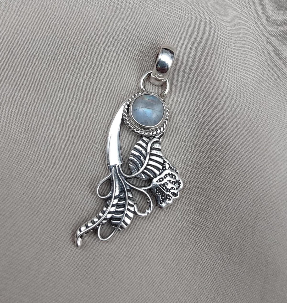 Rainbow Moonstone Silver Pendant: Artisan Floral Leaf Design, Boho Charm