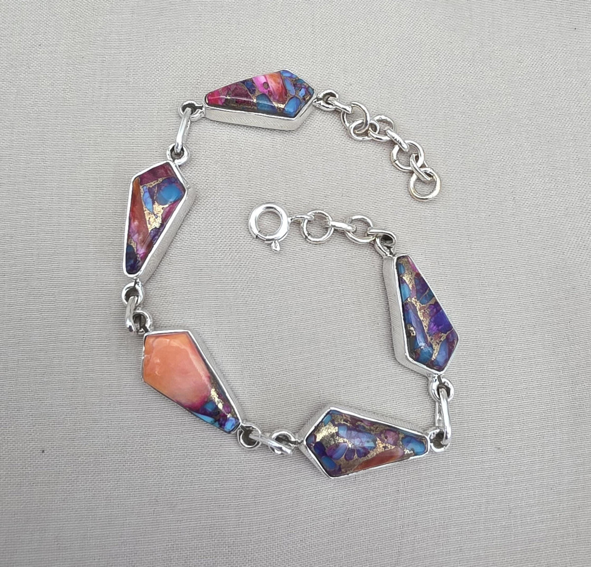 Spiny Oyster Turquoise 925 Sterling Silver Multi Stone Link Bracelet Handmade Boho Statement Jewelry