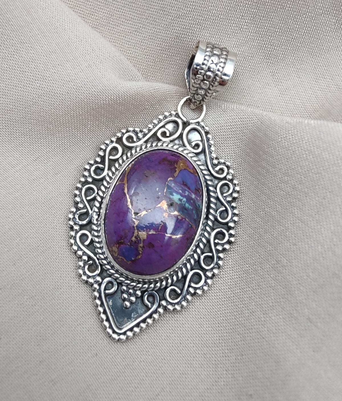 Purple Copper Turquoise Pendant: Sterling Silver Boho Healing Necklace