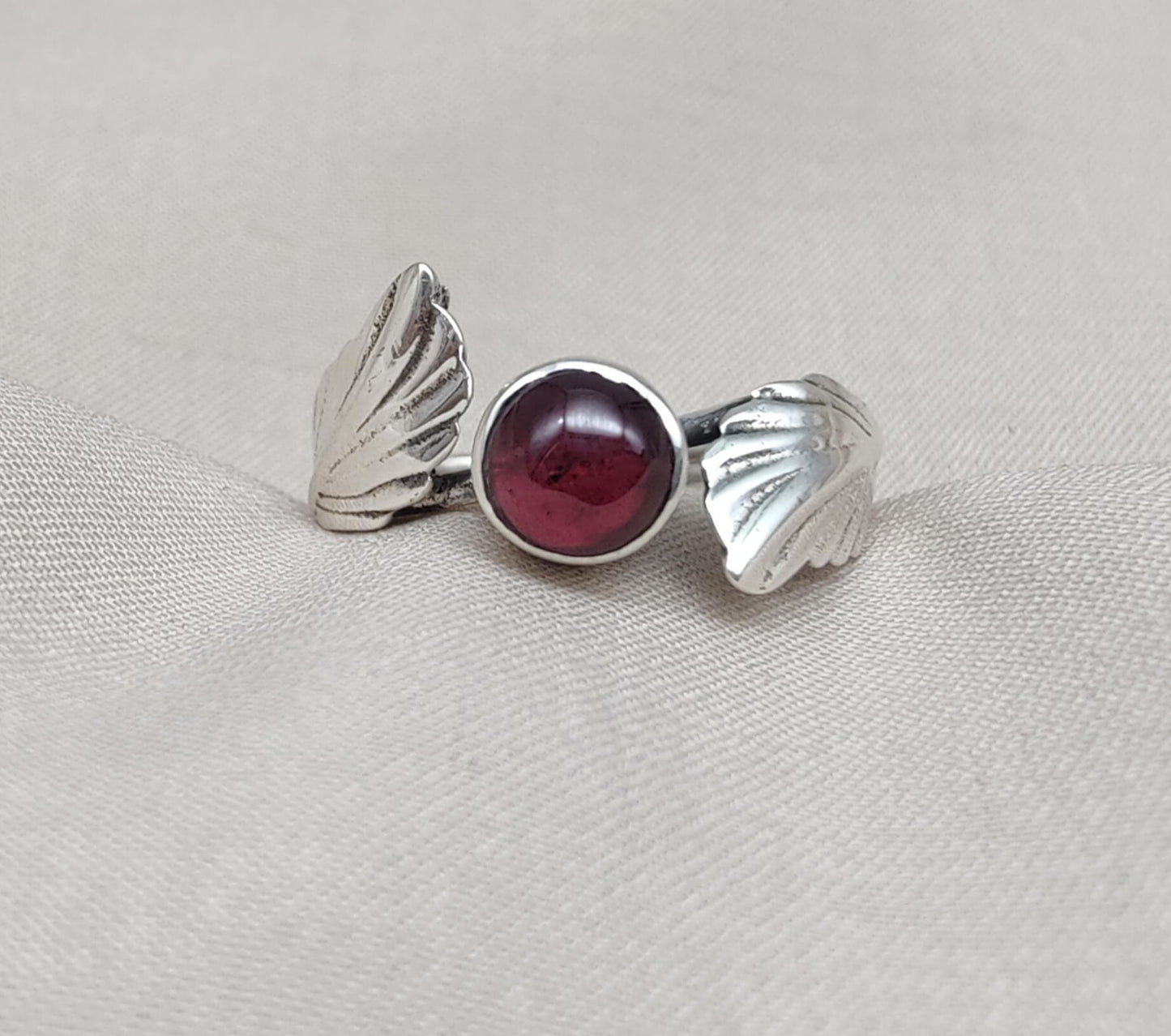 Red Garnet 925 Sterling Silver Ring – Adjustable Leaf Design, Natural Gemstone January Birthstone Jewelry