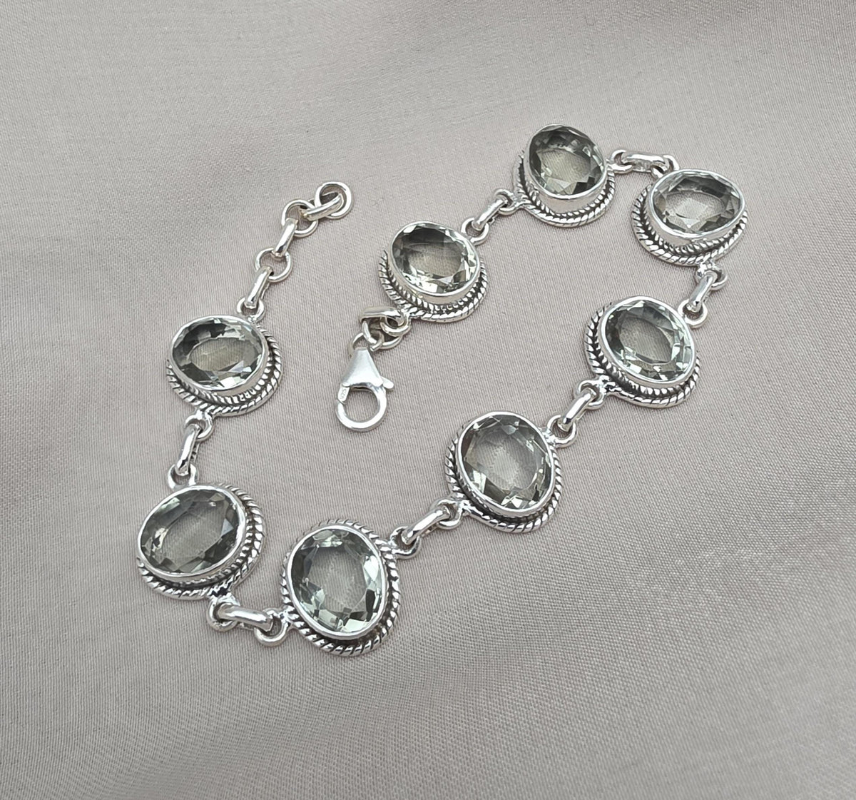 925 Sterling Silver Green Amethyst Bracelet Oval Prasiolite Gemstone Vintage Boho Bracelet for Women