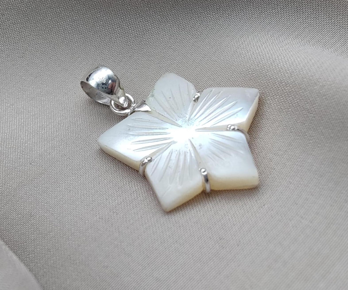 Mother of Pearl Star Pendant: 925 Sterling Silver Boho Necklace