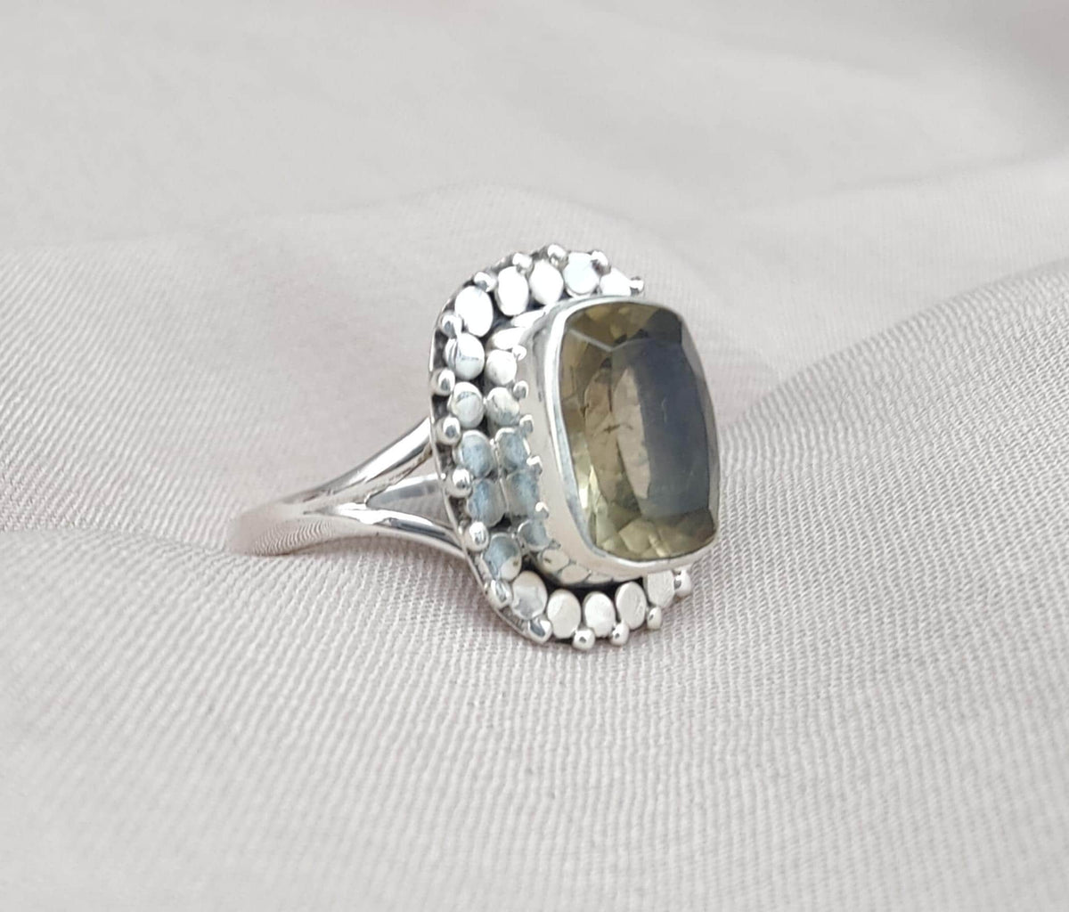 Lemon Quartz Sterling Silver Ring: Cushion Cut Cocktail Statement Jewelry