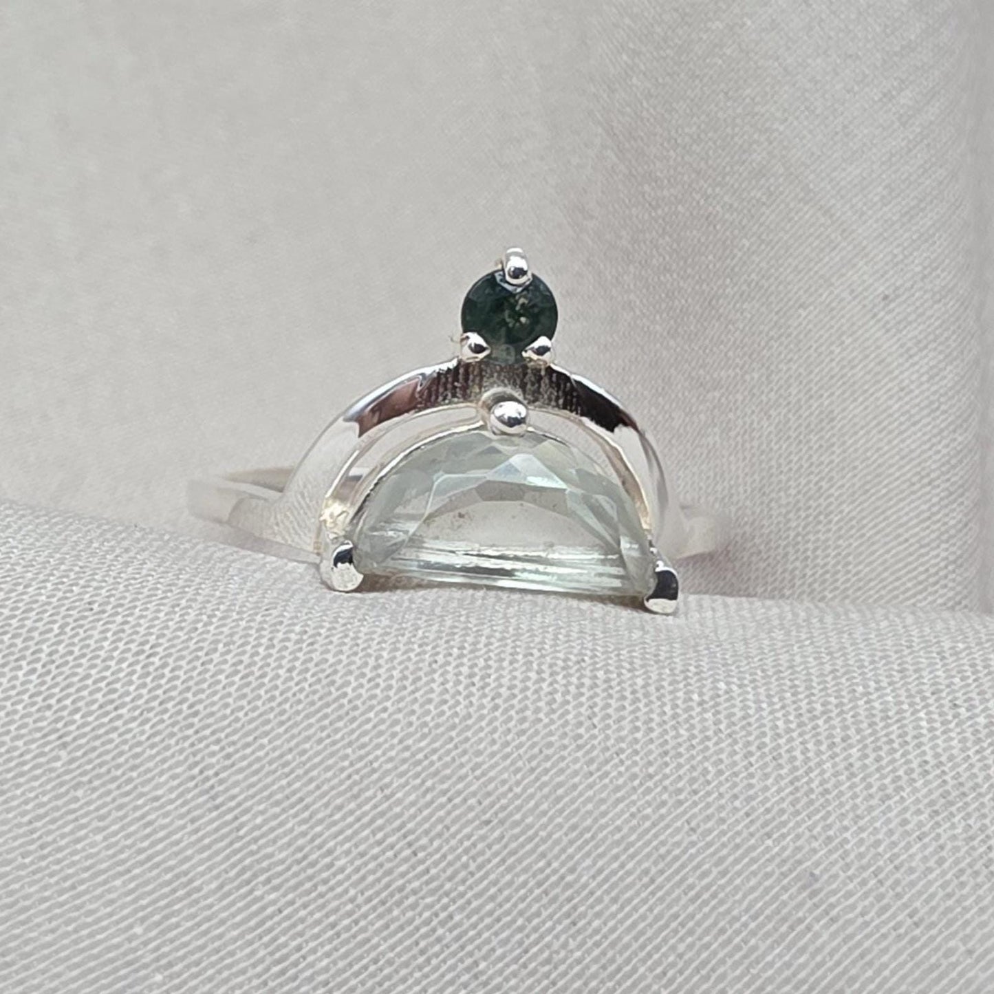Green Amethyst Ring 925 Silver Dual Stone Moss Agate Statement Ring