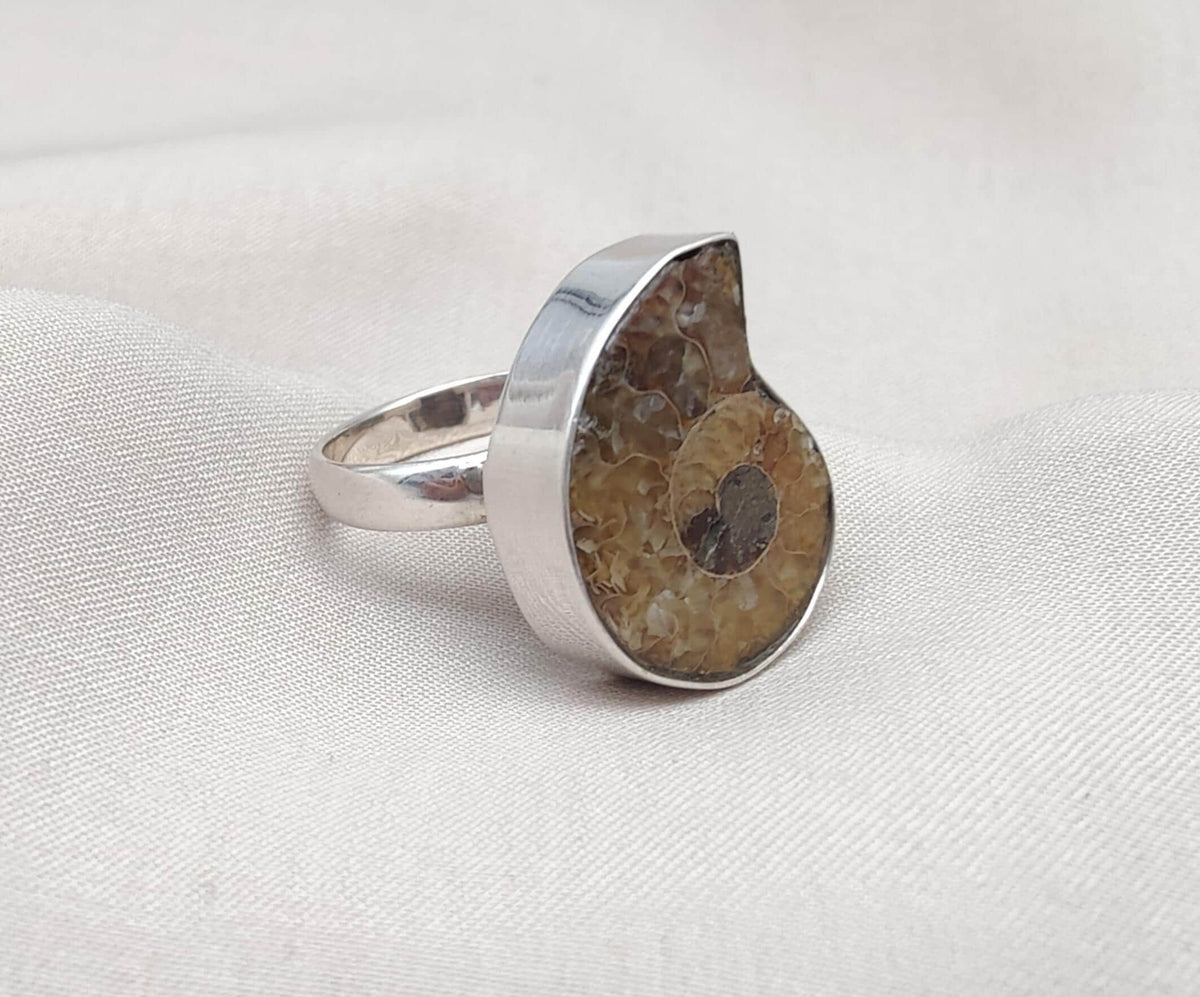 Ammonite Fossil Ring: 925 Sterling Silver Boho Statement Jewelry