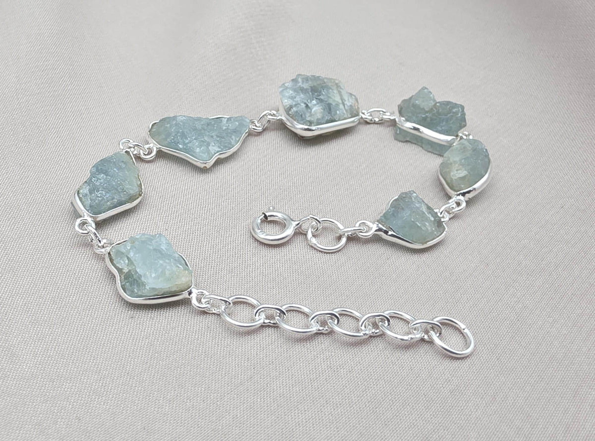 Raw Aquamarine Bracelet in 925 Sterling Silver Natural Blue Gemstone Jewelry