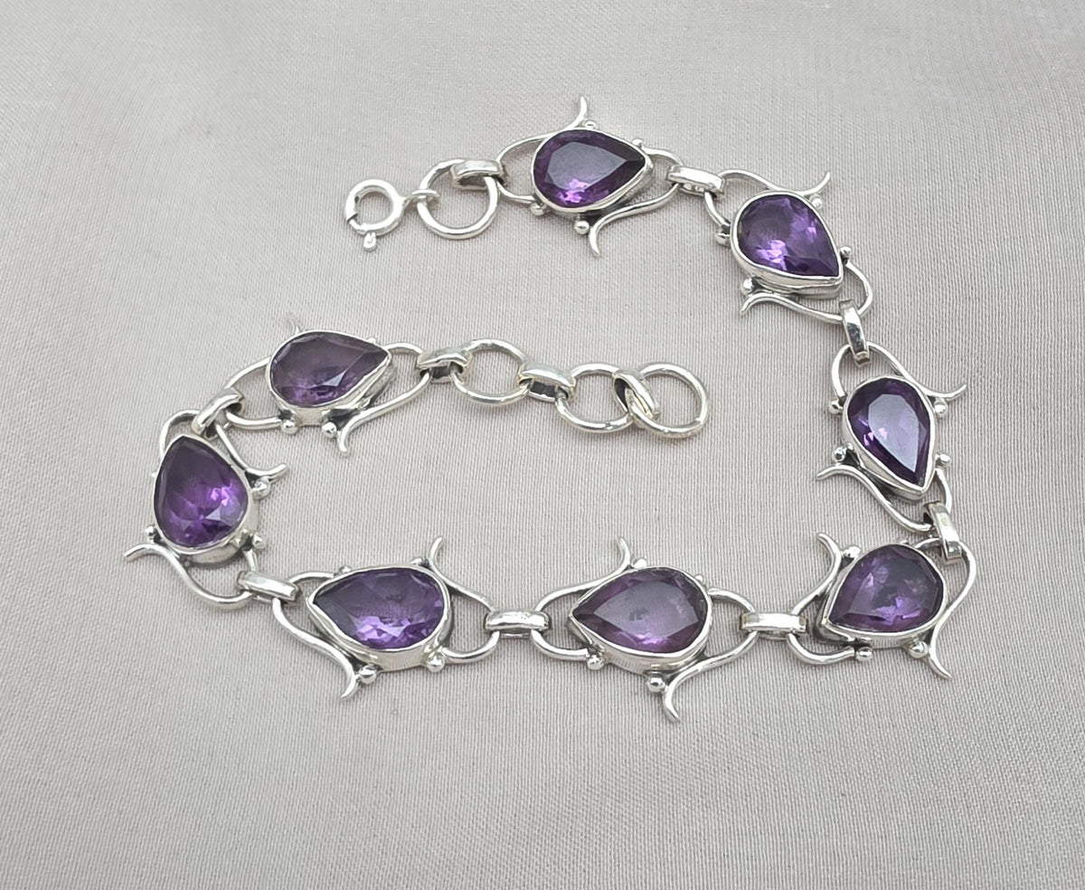 925 Sterling Silver Amethyst Bracelet Pear Shape Purple Gemstone Link Bracelet Gift for Her