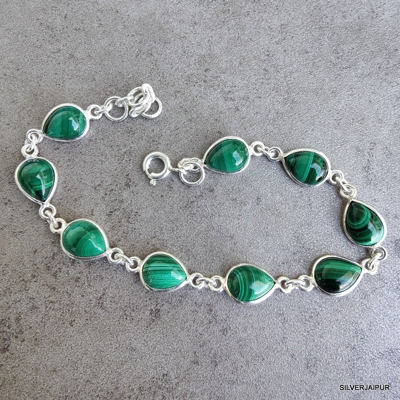 925 SOLID STERLING SILVER NATURAL MALACHITE HANDMADE BRACELET,8 INCHES