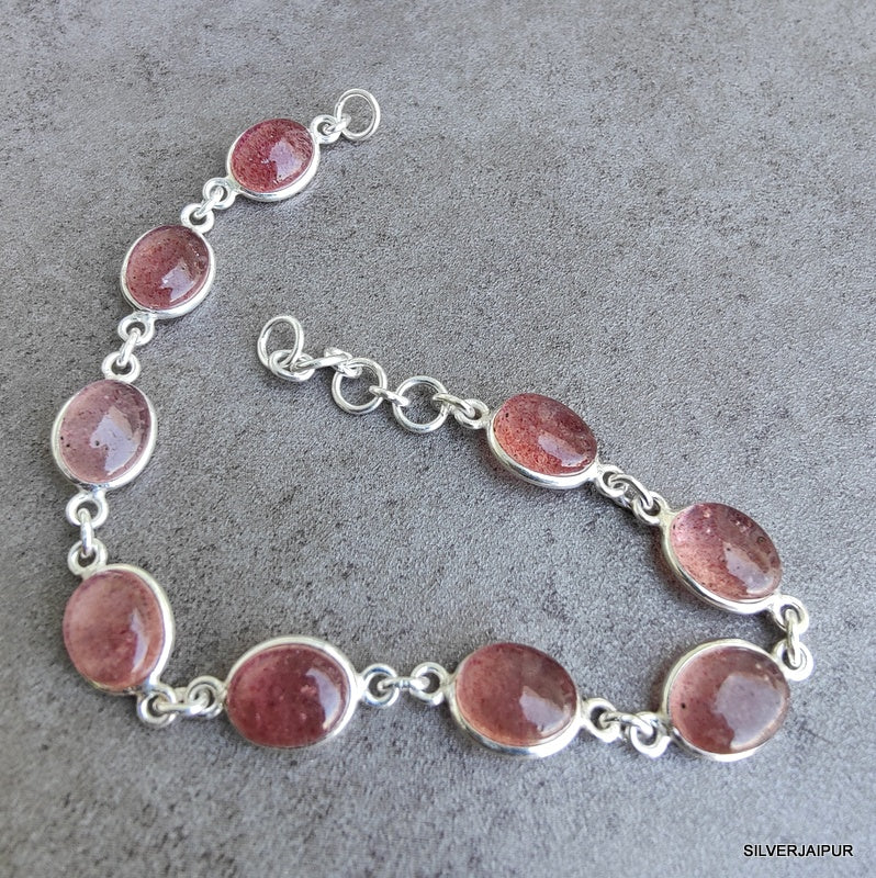 925 SOLID STERLING SILVER NATURAL STRAWBERRY QUARTZ HANDMADE BRACELET,8 INCHES