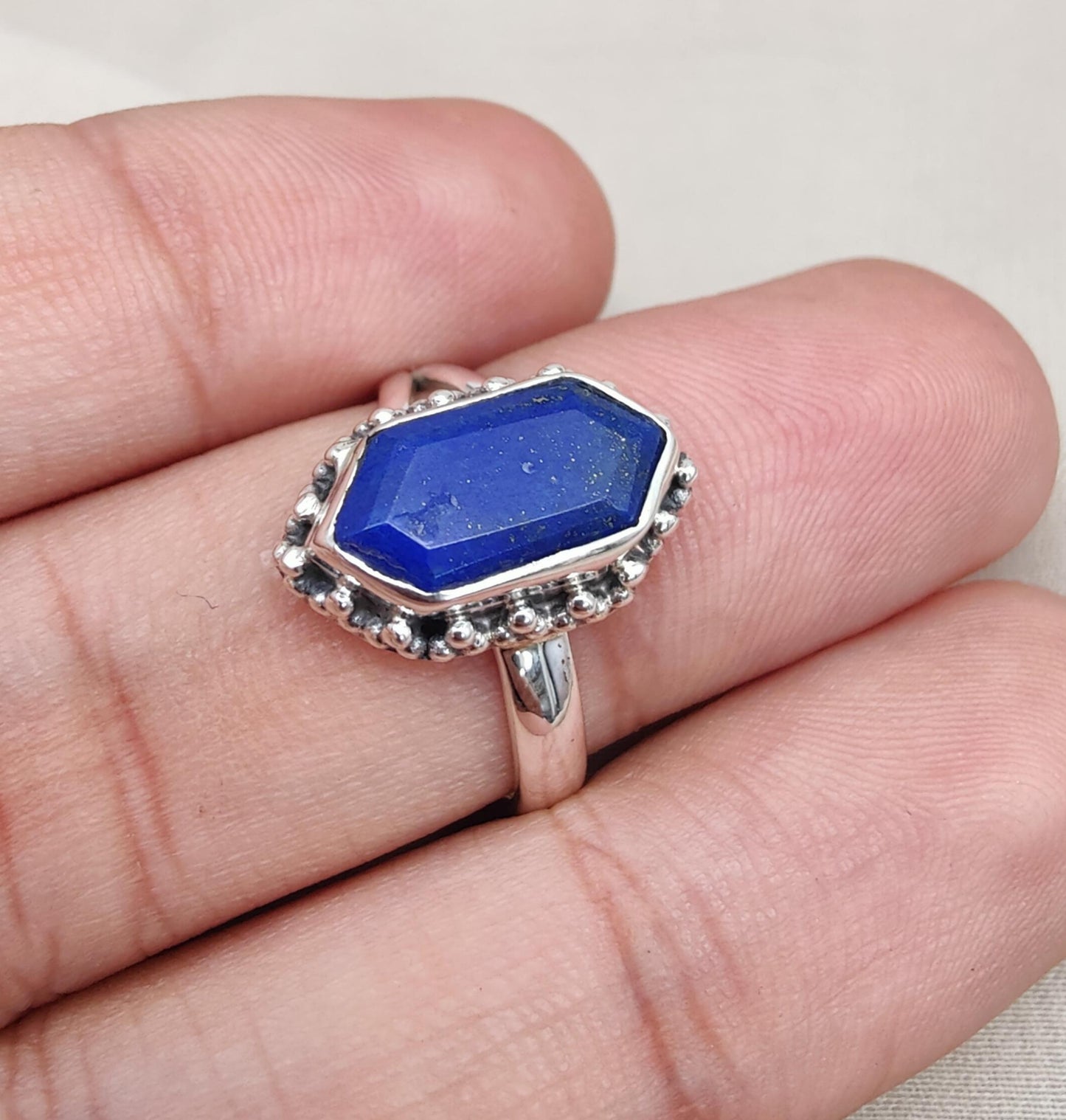 Natural Lapis Lazuli 925 Sterling Silver Ring: Handmade Hexagon Gemstone, Boho Jewelry