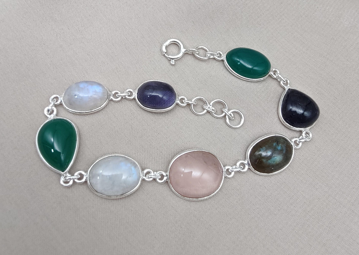 925 Sterling Silver Multi Gemstone Bracelet: Handmade Chakra Healing Crystal Jewelry