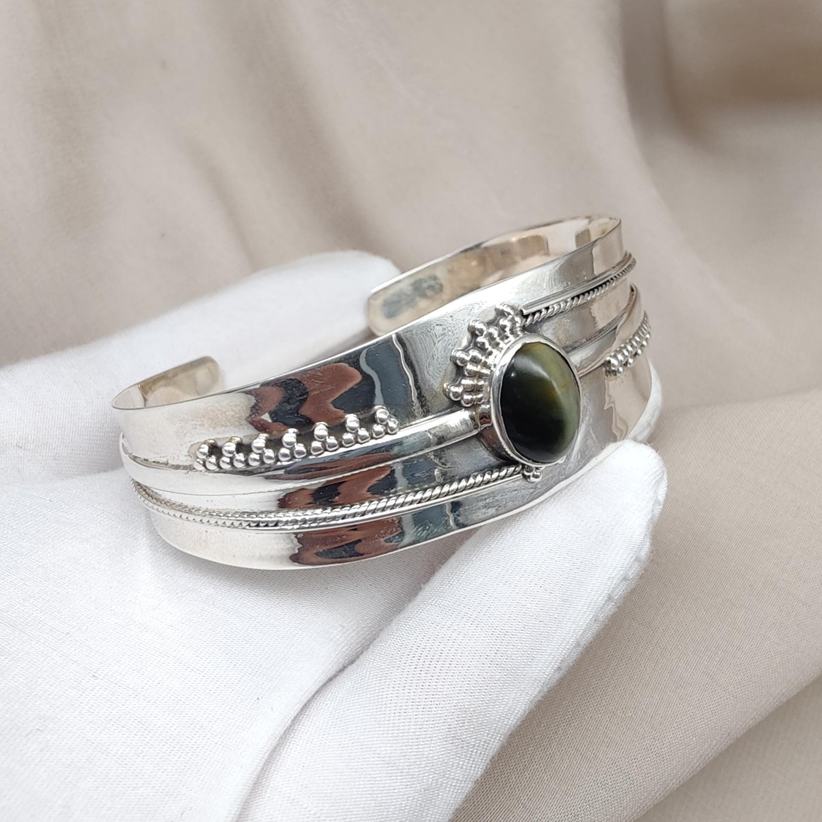 Cat's Eye Sterling Silver Cuff Bangle: Handmade Boho Jewelry