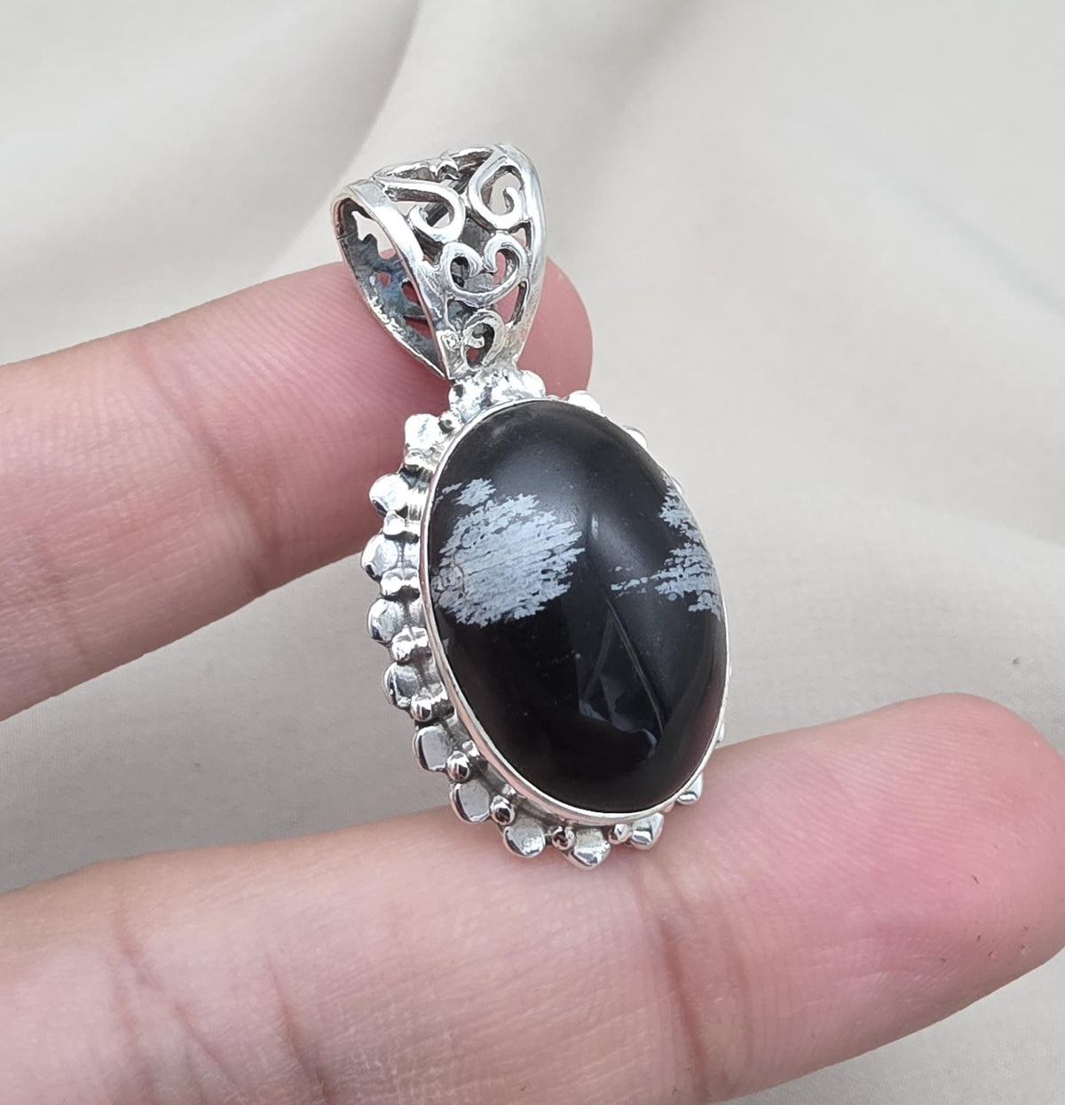 Snowflake Obsidian Pendant 925 Sterling Silver Protection Gemstone Necklace Courage Jewelry