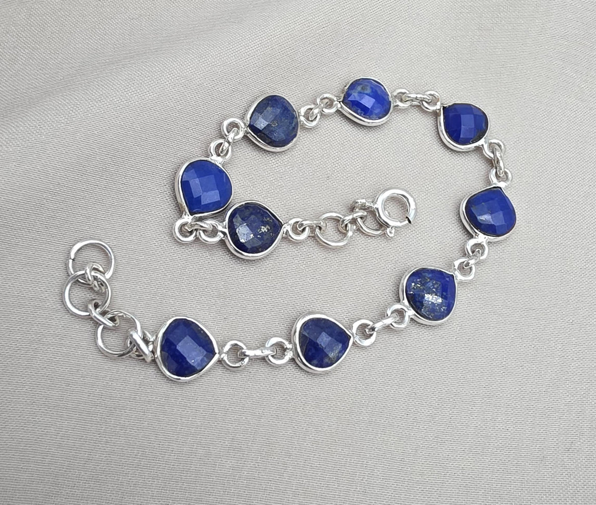Lapis Lazuli Heart Link Bracelet 925 Sterling Silver Faceted Gemstone Handmade Gemstone Jewelry