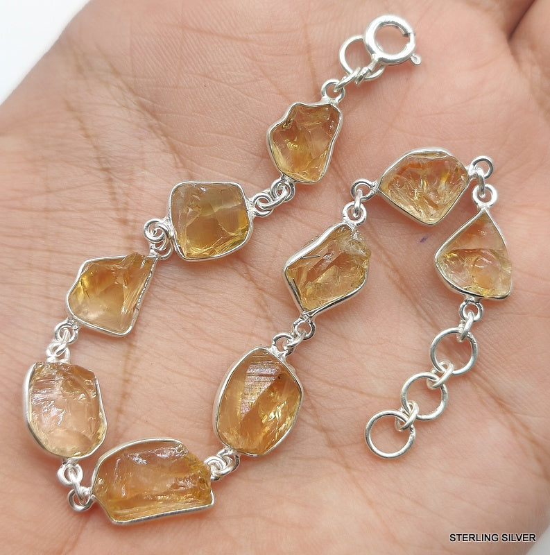 925 SOLID STERLING SILVER NATURAL CITRINE ROUGH STONE HANDMADE BRACELET,8 INCHES