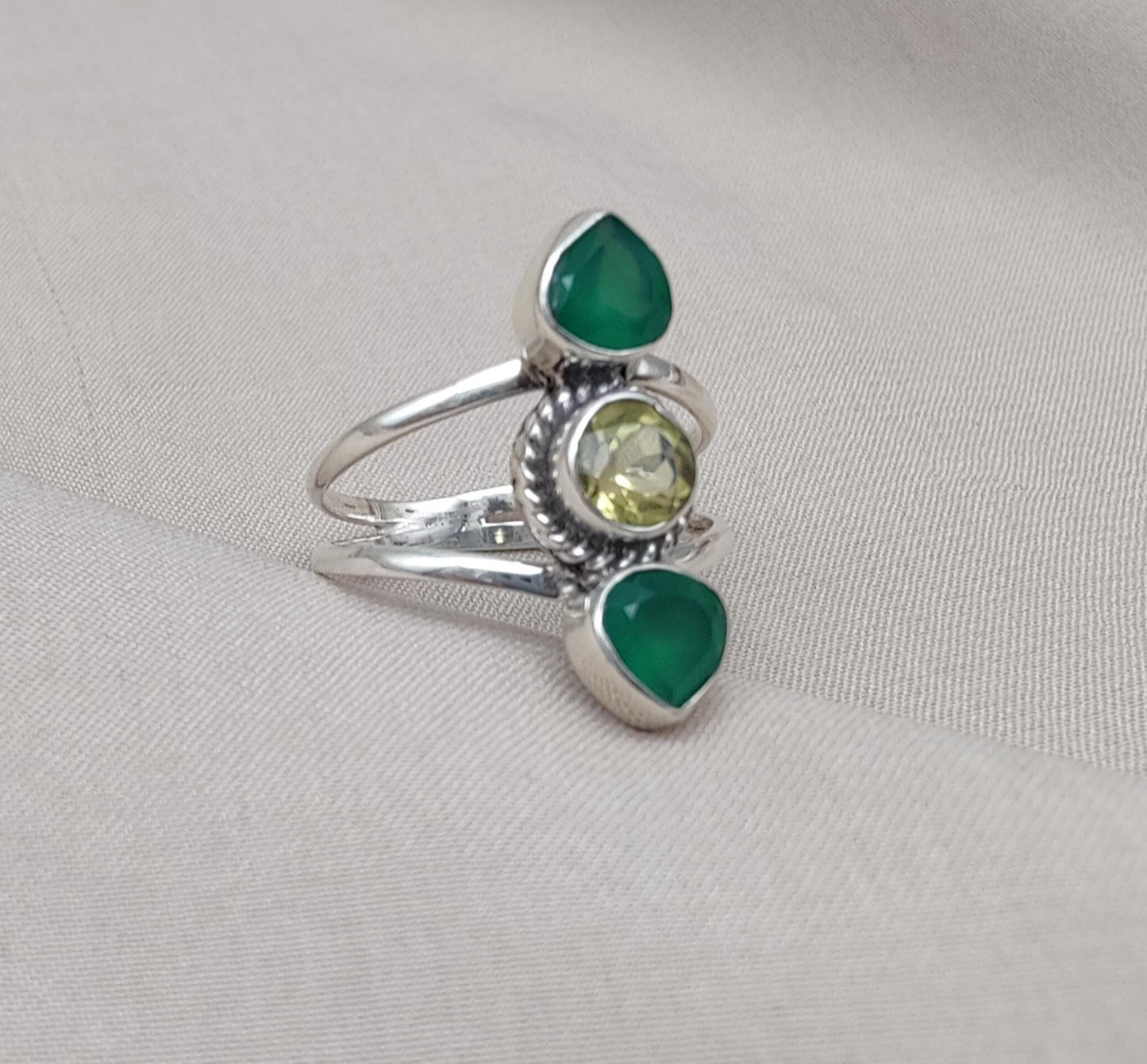 Green Onyx & Lemon Quartz 925 Sterling Silver Ring: Boho Statement Jewelry