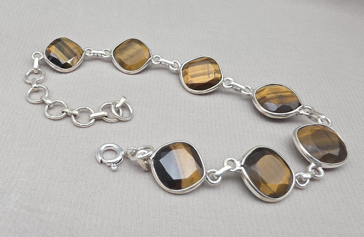925 Sterling Silver Tiger Eye Bracelet Faceted Cushion Cut Gemstone Bracelet Gift for Her
