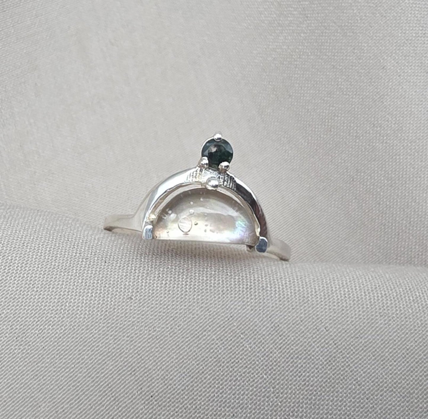 Mother of Pearl Doublet  Ring 925 Sterling Silver Dual Stone Moss Agate Statement Ring