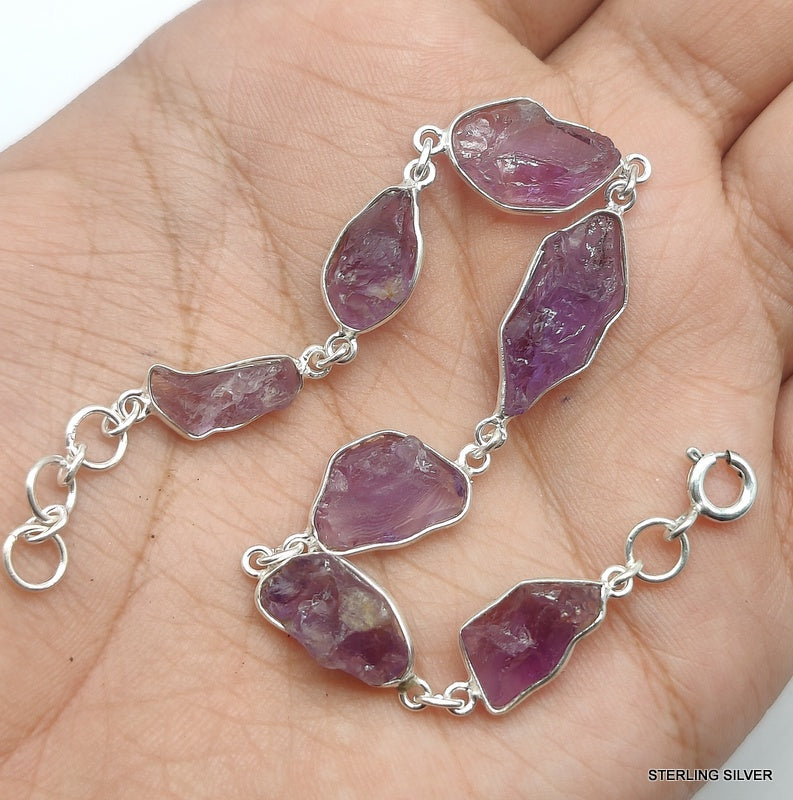925 SOLID STERLING SILVER NATURAL AMETHYST ROUGH STONE HANDMADE BRACELET,8 INCHES