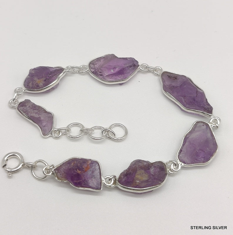 925 SOLID STERLING SILVER NATURAL AMETHYST ROUGH STONE HANDMADE BRACELET,8 INCHES