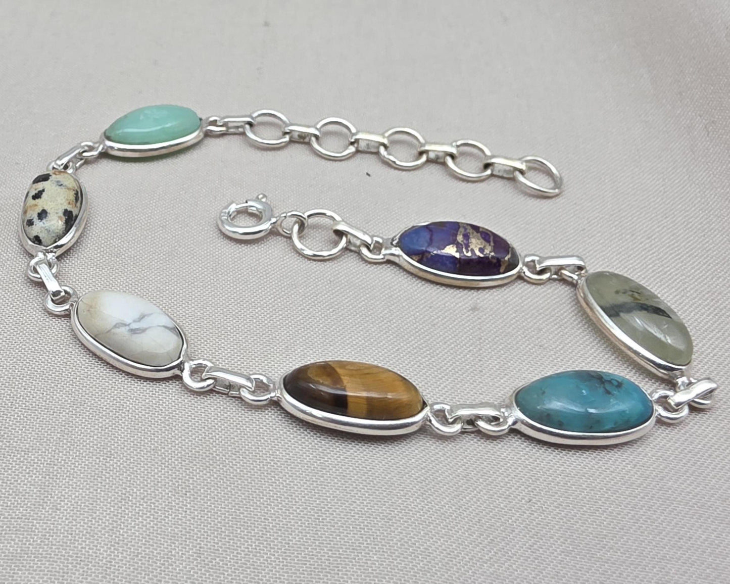 925 Sterling Silver Boho Bracelet Multi Gemstone Colorful Statement Jewelry
