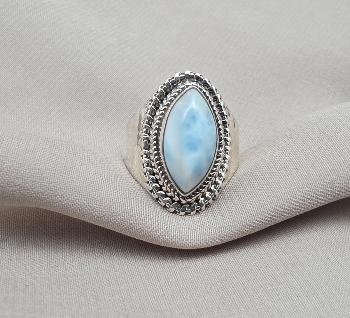 Natural Larimar Ring 925 Sterling Silver Larimar Marquise Cut Gemstone Boho Statement Jewelry