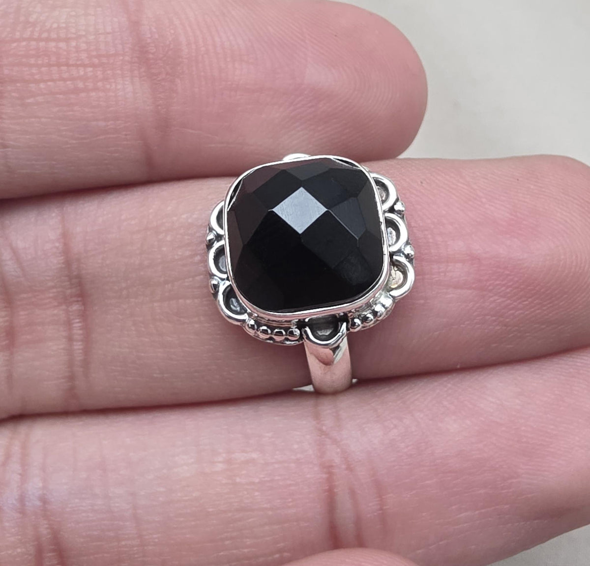 925 Sterling Silver Black Onyx Ring Cushion Cut Natural Gemstone Handmade Vintage Style Gift