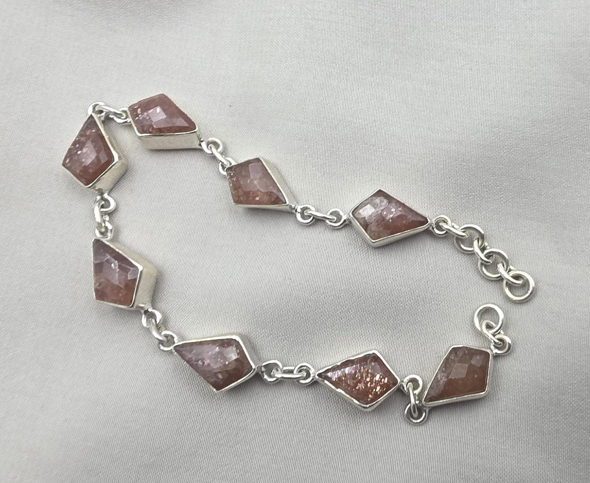 925 Sterling Silver Natural Sunstone Bracelet Handmade Gemstone Link Jewelry