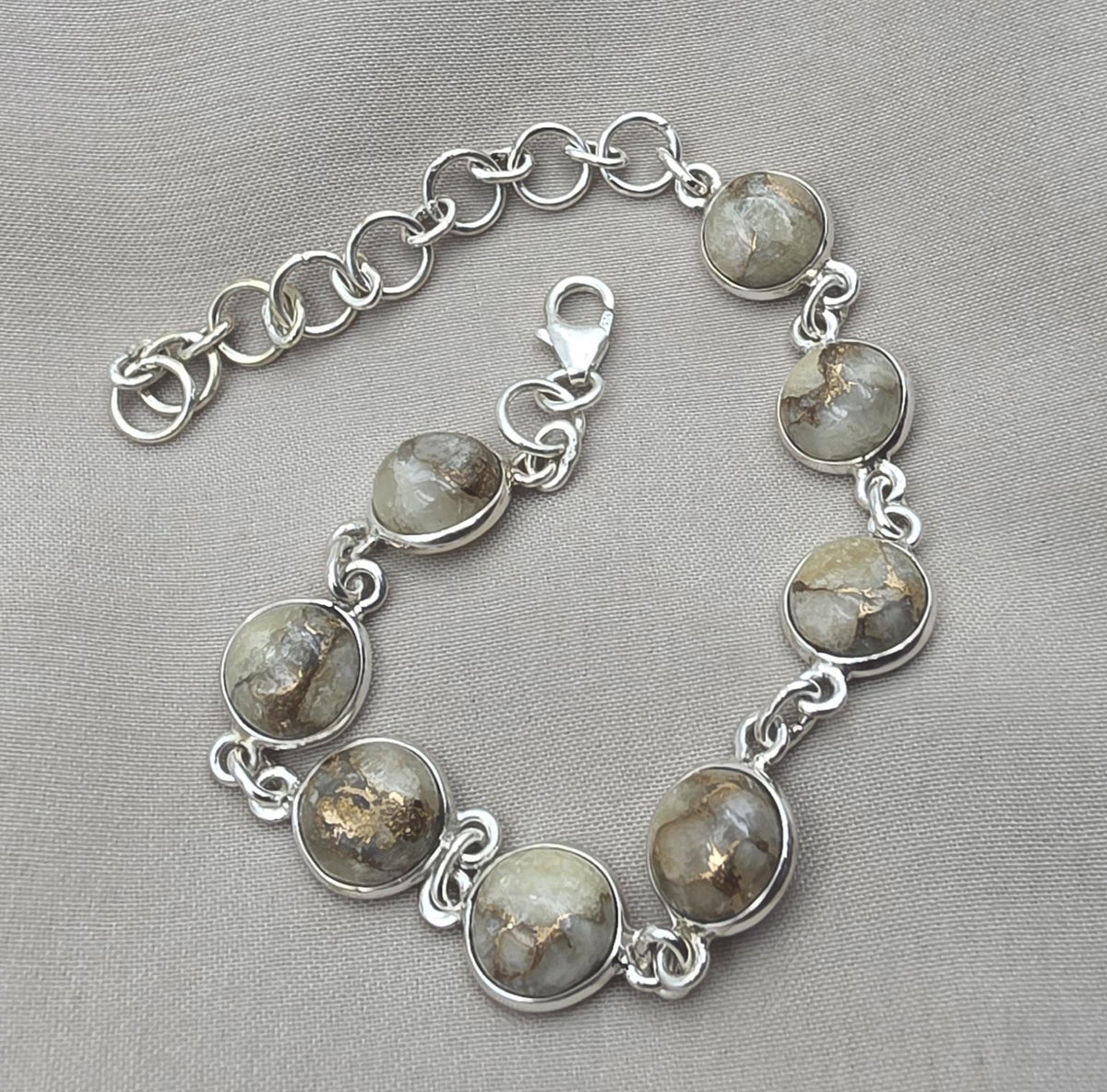 925 Sterling Silver Copper Calcite Bracelet Natural Round Gemstone Link Bracelet Gift for Her