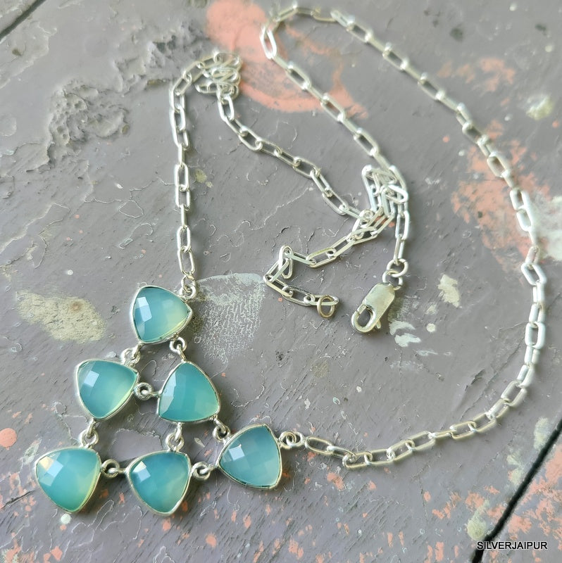 925 SOLID STERLING SILVER NATURAL BLUE CHALCEDONY HANDMADE NECKLACE,18 INCHES