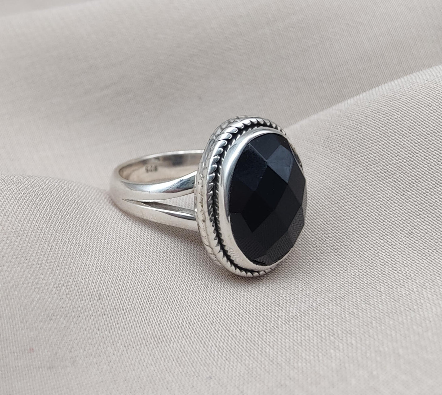 Black Onyx Ring: Faceted Oval Gemstone, 925 Sterling Silver, Boho Protection Jewelry