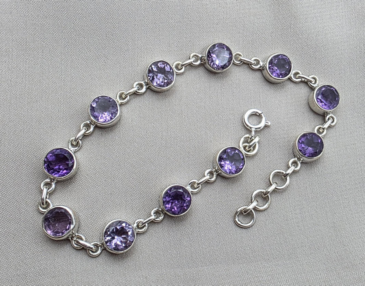 Amethyst 925 Sterling Silver Gemstone Bracelet Natural Purple Gemstone Oval Link Jewelry