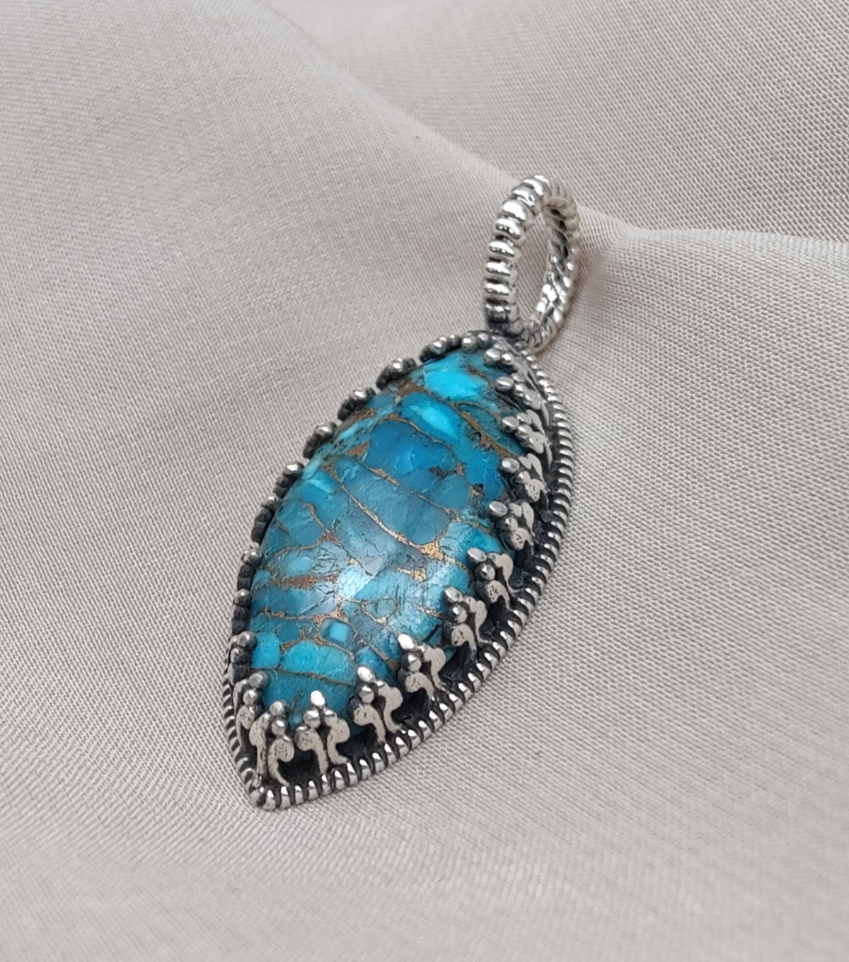 Blue Copper Turquoise Pendant: Sterling Silver Marquise Boho Necklace