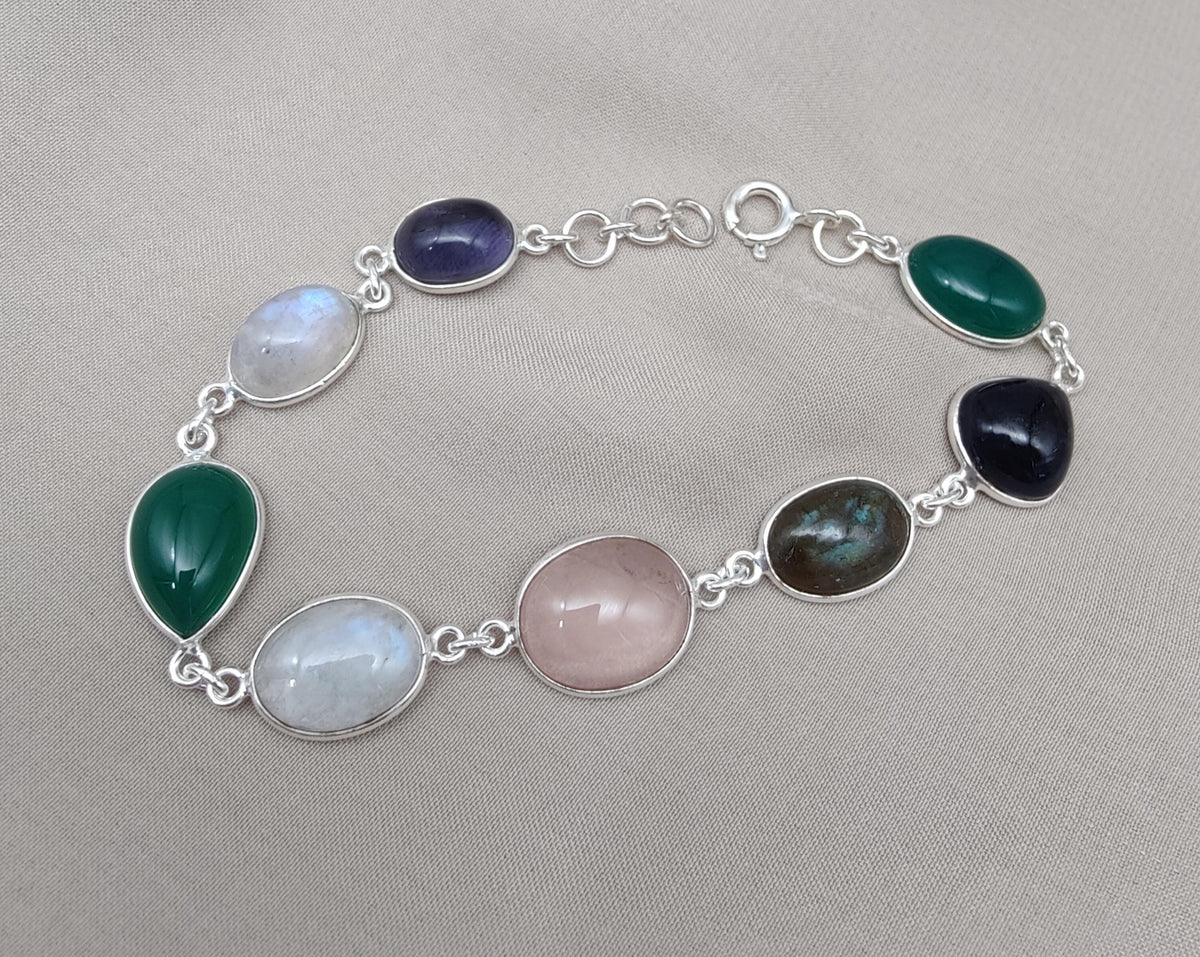 925 Sterling Silver Multi Gemstone Bracelet: Handmade Chakra Healing Crystal Jewelry
