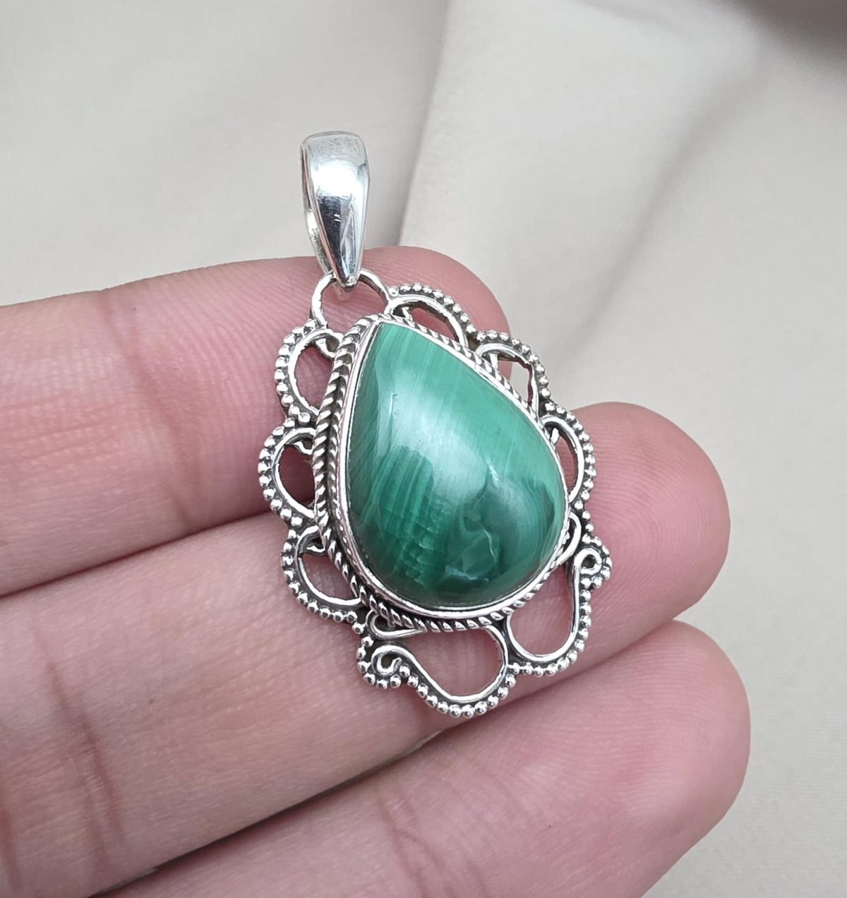 Teardrop Malachite Pendant: 925 Sterling Silver Healing Crystal Necklace
