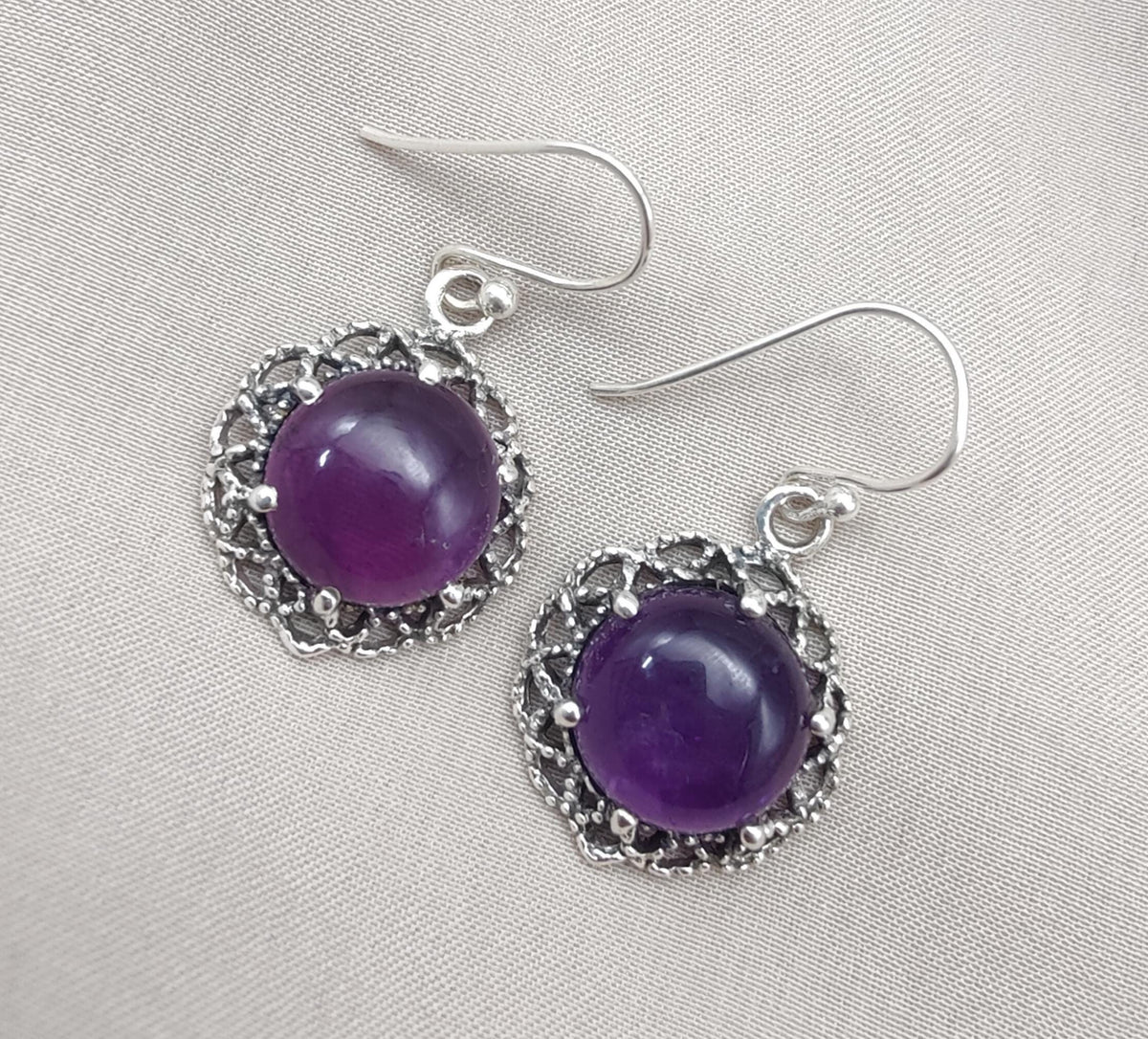 Amethyst 925 Sterling Silver Round Drop Dainty Earrings Boho Jewelry