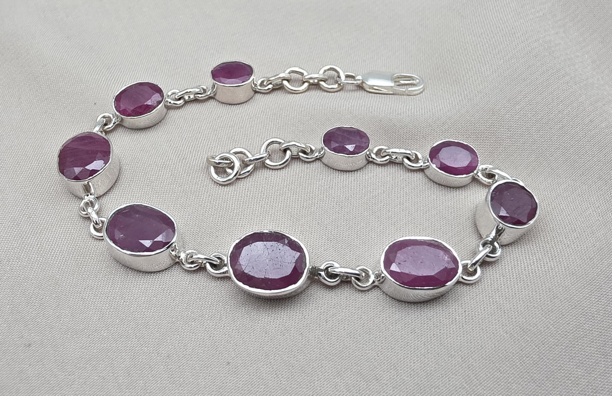 Ruby Oval Link Bracelet 925 Sterling Silver Faceted Gemstone Handmade Red Gemstone Jewelry
