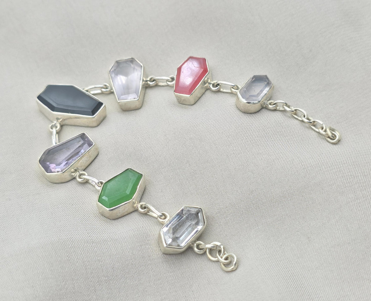 925 Sterling Silver Multi Gemstone Bracelet Coffin Cut Link Bracelet Handmade Jewelry