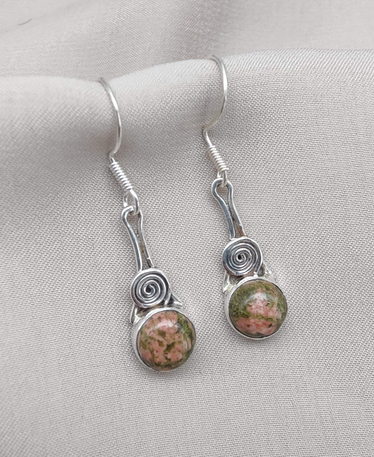 Unakite Dangle Earrings: 925 Sterling Silver, Boho Healing Stone