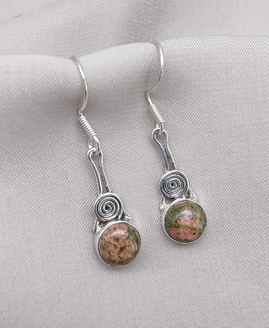 Unakite Dangle Earrings: 925 Sterling Silver, Boho Healing Stone
