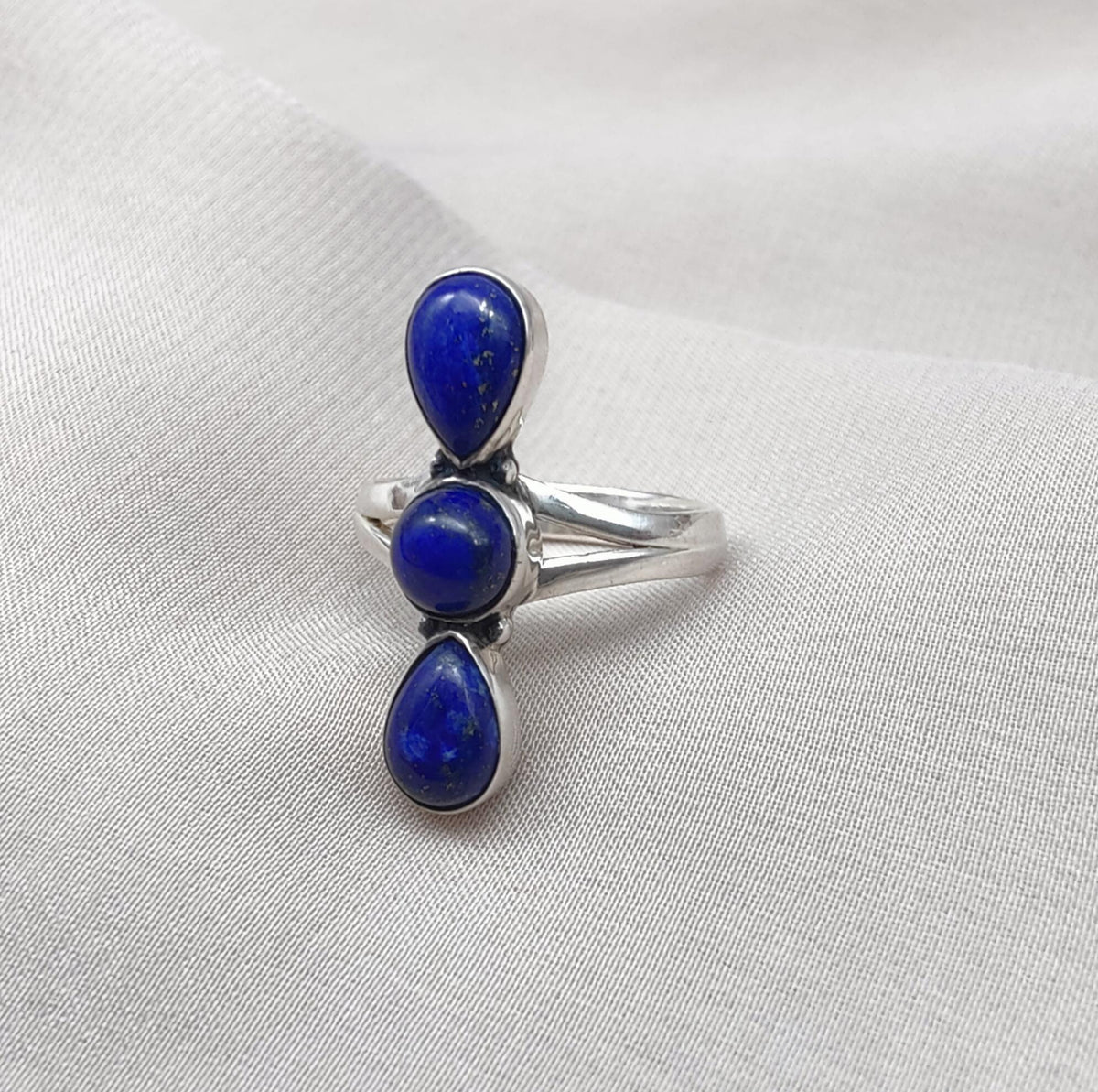 Lapis Lazuli Ring 925 Sterling Silver Triple Stone Boho Jewelry Antique Gift For Her