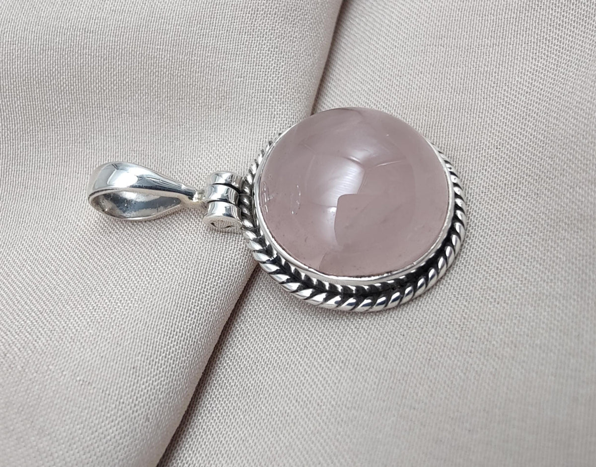 Handmade Rose Quartz Pendant: 925 Sterling Silver Round Necklace