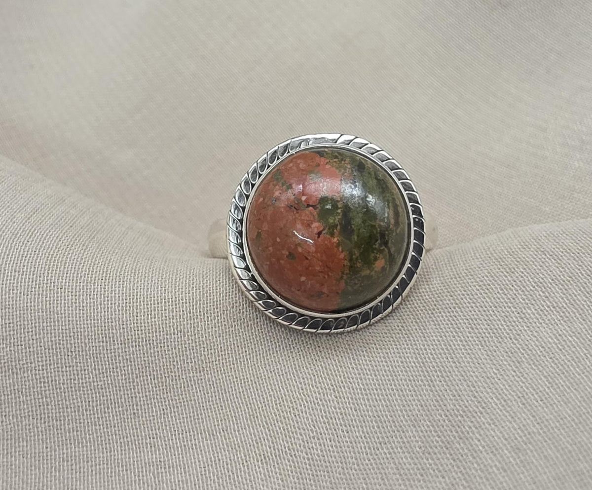 Unakite Jasper 925 Sterling Silver Ring Natural Gemstone Ring Boho Healing Crystal Jewelry
